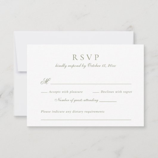 Modern Elegant Script Sage Groene Bruiloft RSVP Kaart (Voorkant)
