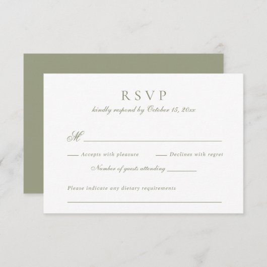 Modern Elegant Script Sage Groene Bruiloft RSVP Kaart (Voorkant / Achterkant)