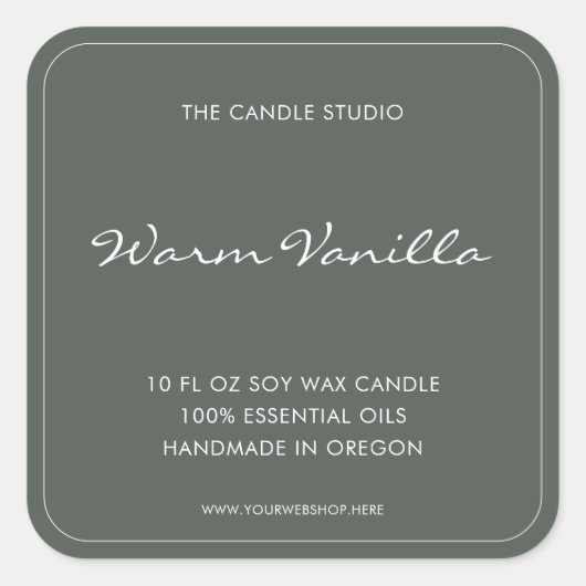 Modern Elegant Script Sage Groene Verpakkingskaars Vierkante Sticker (Voorkant)