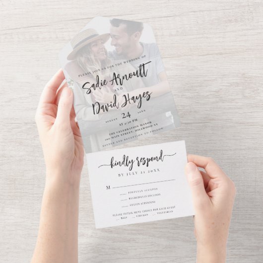 Modern Elegant Script Simple Minimal Photo Wedding All In One Uitnodiging (Afscheurbaar)