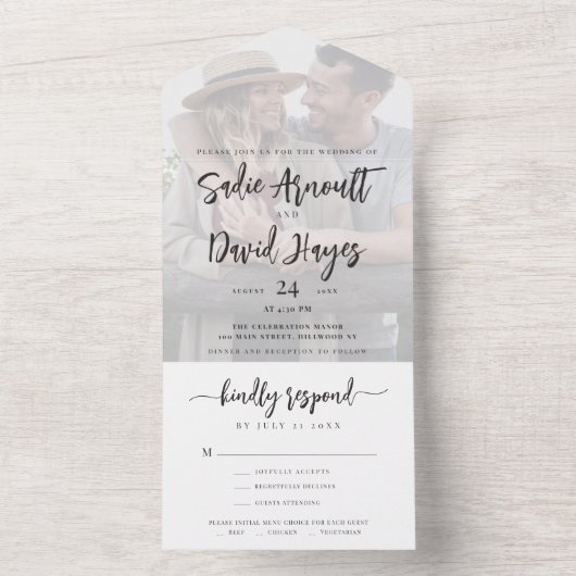 Modern Elegant Script Simple Minimal Photo Wedding All In One Uitnodiging (Binnen)