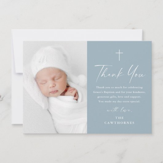 Modern Elegant Script Stoffig Blauw Fotodoop Bedankkaart (Voorkant)