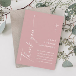 Modern Elegant Script Stoffig Roze Meisjes Doop Bedankkaart