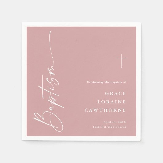 Modern Elegant Script Stoffig Roze Meisjes Doop Servet (Voorkant)