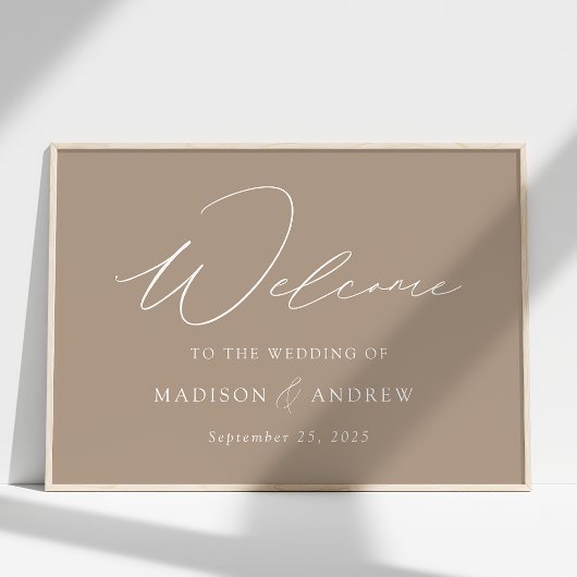 Modern Elegant Script Taupe Weddenschap Welkom Poster