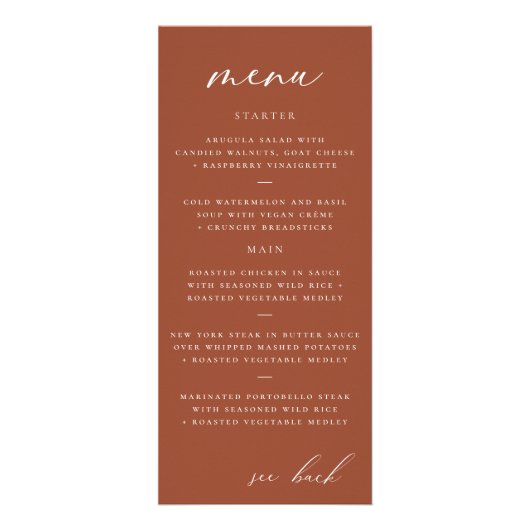 Modern Elegant Script Terracotta Bruiloft Menu (Voorkant)
