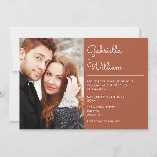 Modern Elegant Script Terracotta Photo Wedding Kaart (Voorkant)