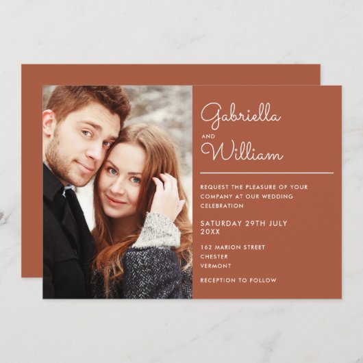Modern Elegant Script Terracotta Photo Wedding Kaart (Voorkant / Achterkant)