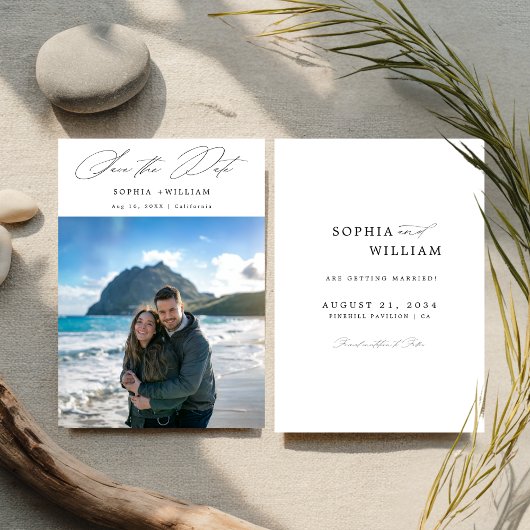 Modern Elegant Script Tropische Strand Foto Huweli Save The Date