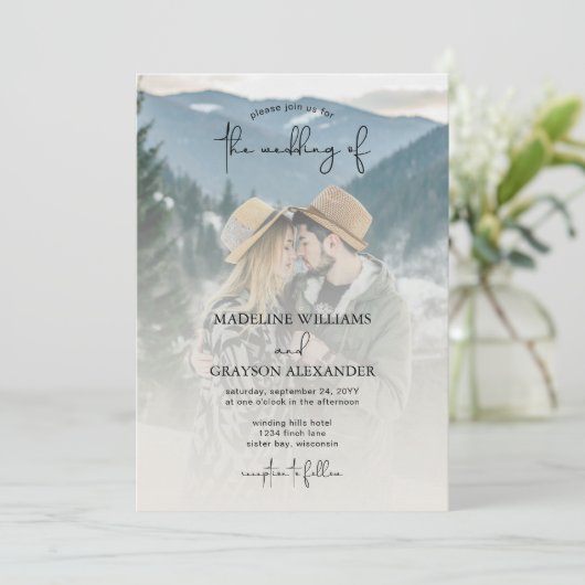 Modern Elegant Script Two Photo Wedding Kaart (Staand voorkant)