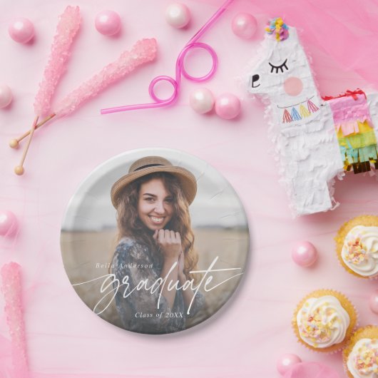 Modern Elegant Script Typografie Afstuderen Foto Papieren Bordje (Feest)