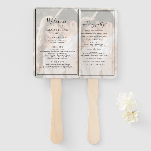 Modern Elegant Script Vellum Photo Wedding Program Handwaaier (Voorkant en achterkant)