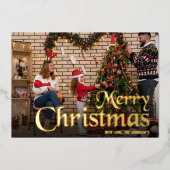 Modern Elegant Script Vrolijk Kerstfeest Familiefo Folie Feestdagenkaart (Voorkant)