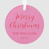 Modern elegant script Vrolijk kerstroze rood Ornament (achterkant)