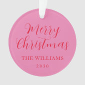 Modern elegant script Vrolijk kerstroze rood Ornament (voorkant)