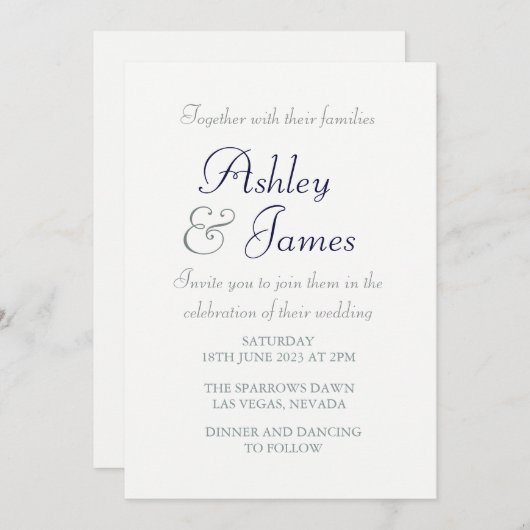 Modern Elegant Script White Blue Simple Wedding Kaart (Voorkant / Achterkant)