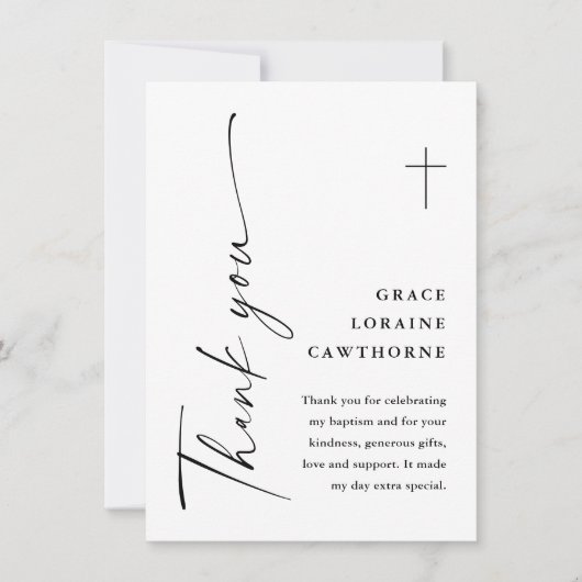 Modern Elegant Script Wit Doopsel Bedankkaart (Voorkant)
