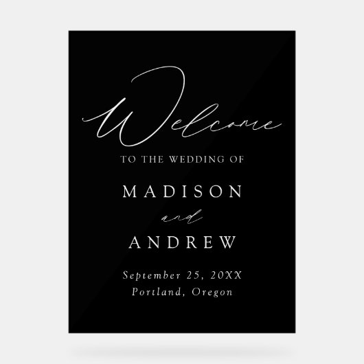 Modern Elegant Script Zwart Bruiloft Welkom Acryl Bord (Voorkant)