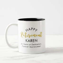 Modern Elegant Script Zwart Goud Happy Retirement Tweekleurige Koffiemok