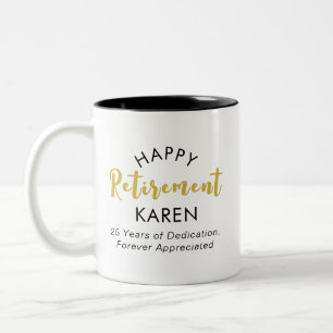 Modern Elegant Script Zwart Goud Happy Retirement Tweekleurige Koffiemok