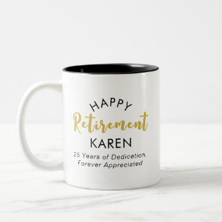 Modern Elegant Script Zwart Goud Happy Retirement Tweekleurige Koffiemok