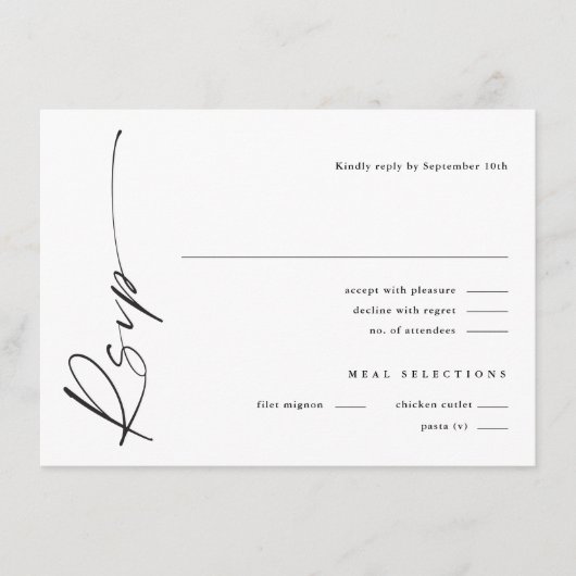 Modern Elegant Script Zwart-wit bruiloft RSVP Informatiekaartje (Voorkant)