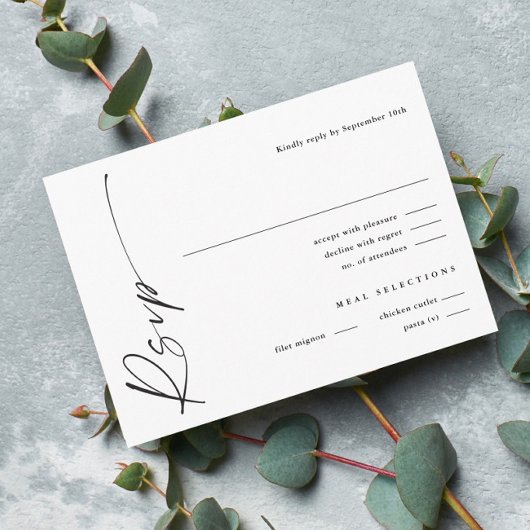 Modern Elegant Script Zwart-wit bruiloft RSVP Informatiekaartje