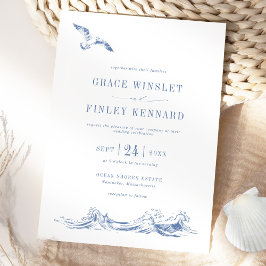 Modern Elegant Seaside Coastal Blue Wedding Kaart