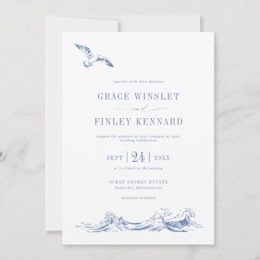 Modern Elegant Seaside Coastal Blue Wedding Kaart (Voorkant)
