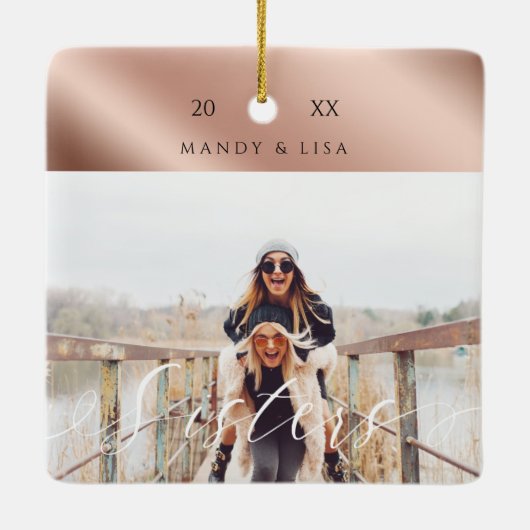 Modern & Elegant Shear Rose Gold Sister Photo Keramisch Ornament (Achterkant)