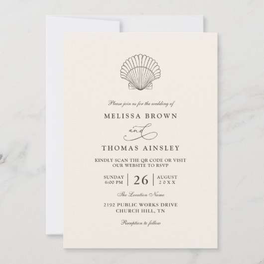 Modern Elegant Shell Beach Ocean QR Code Wedding Kaart (Voorkant)