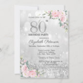Modern Elegant Silver Bokeh Floral 80th Birthday Kaart (Voorkant)