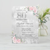 Modern Elegant Silver Bokeh Floral 80th Birthday Kaart (Staand voorkant)