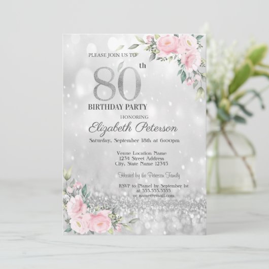 Modern Elegant Silver Bokeh Floral 80th Birthday Kaart (Staand voorkant)