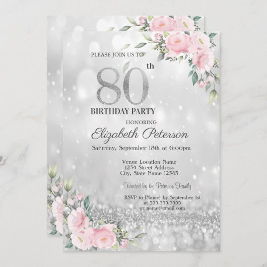 Modern Elegant Silver Bokeh Floral 80th Birthday Kaart (Voorkant / Achterkant)