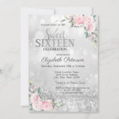 Modern Elegant Silver Bokeh Floral Sweet 16 Kaart (Voorkant)