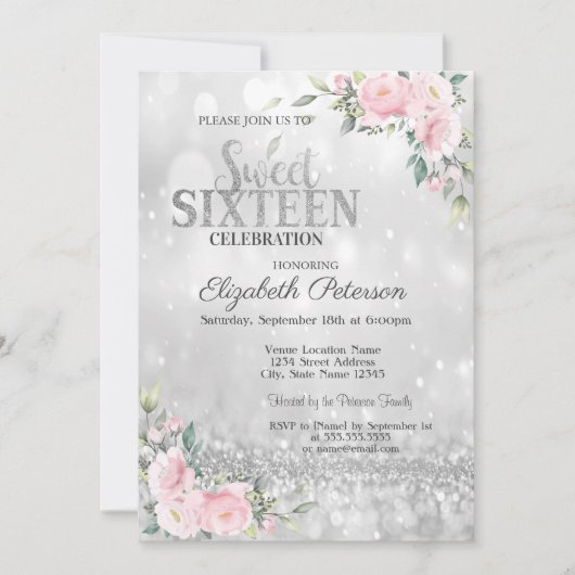 Modern Elegant Silver Bokeh Floral Sweet 16 Kaart (Voorkant)