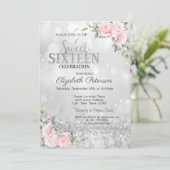 Modern Elegant Silver Bokeh Floral Sweet 16 Kaart (Staand voorkant)