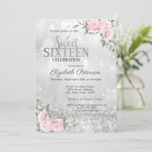Modern Elegant Silver Bokeh Floral Sweet 16 Kaart (Staand voorkant)