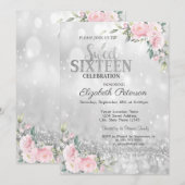 Modern Elegant Silver Bokeh Floral Sweet 16 Kaart (Voorkant / Achterkant)