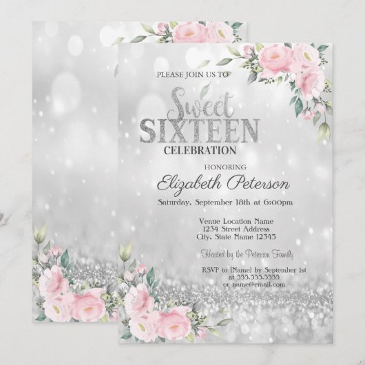 Modern Elegant Silver Bokeh Floral Sweet 16 Kaart (Voorkant / Achterkant)