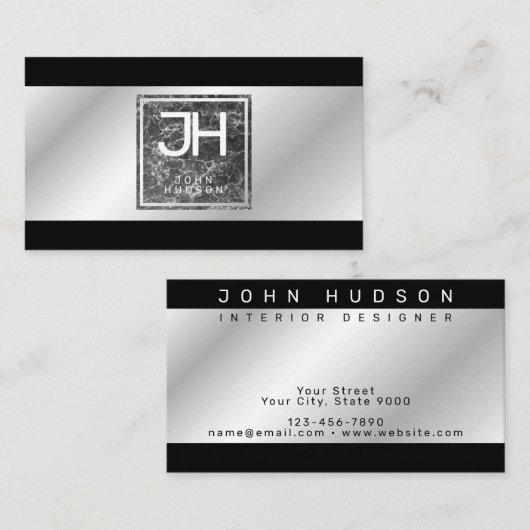 Modern Elegant Silver en Black Sjabloon Business Visitekaartje (Voorkant / Achterkant)