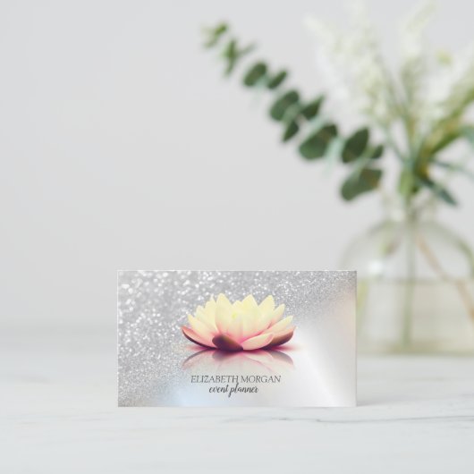 Modern Elegant Silver Glitter Bokeh Ombre Lotus Visitekaartje (Staand voorkant)