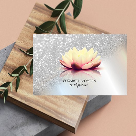 Modern Elegant Silver Glitter Bokeh Ombre Lotus Visitekaartje