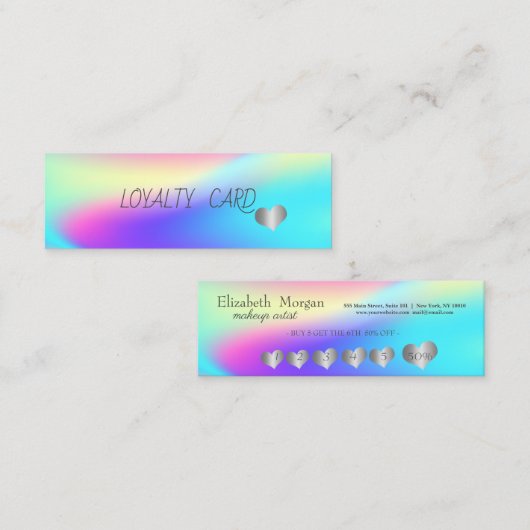 Modern Elegant Silver Hearts, Ombre Holographic Klantenkaartje (Voorkant / Achterkant)