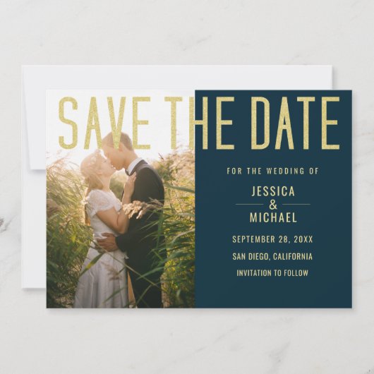 Modern Elegant Simple Deep Blue Photo Wedding Save The Date (Voorkant)