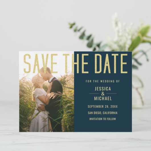 Modern Elegant Simple Deep Blue Photo Wedding Save The Date (Staand voorkant)