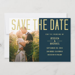 Modern Elegant Simple Deep Blue Photo Wedding Save The Date