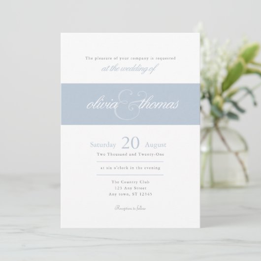 Modern Elegant Simple Dusty Blue Script Weddenscha Kaart (Staand voorkant)