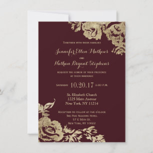 Modern Elegant Simple Gold Burgundy Floral Wedding Kaart